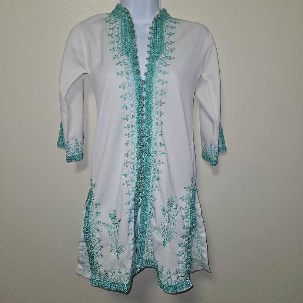 Vintage Moroccan Midi Dress Tunic Kaftan Hippie Teal Button embroidery Women OS